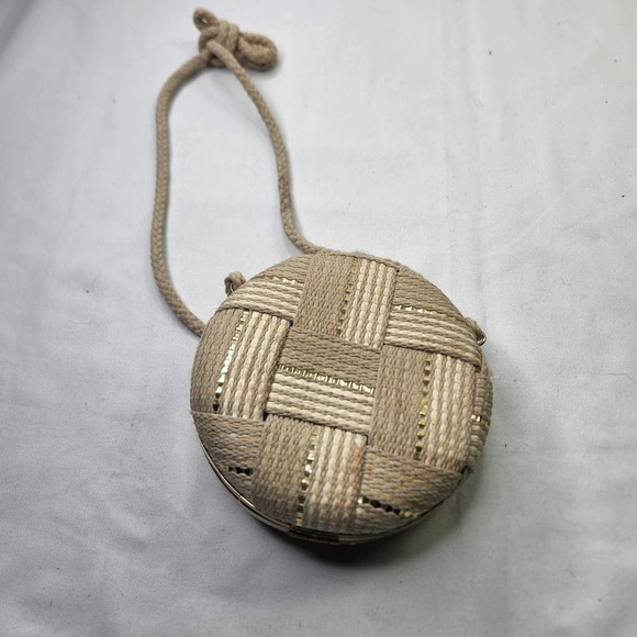 Vintage Italian Round Shoulder Bag Woven Rope Design Hinged - Picture 3 of 8